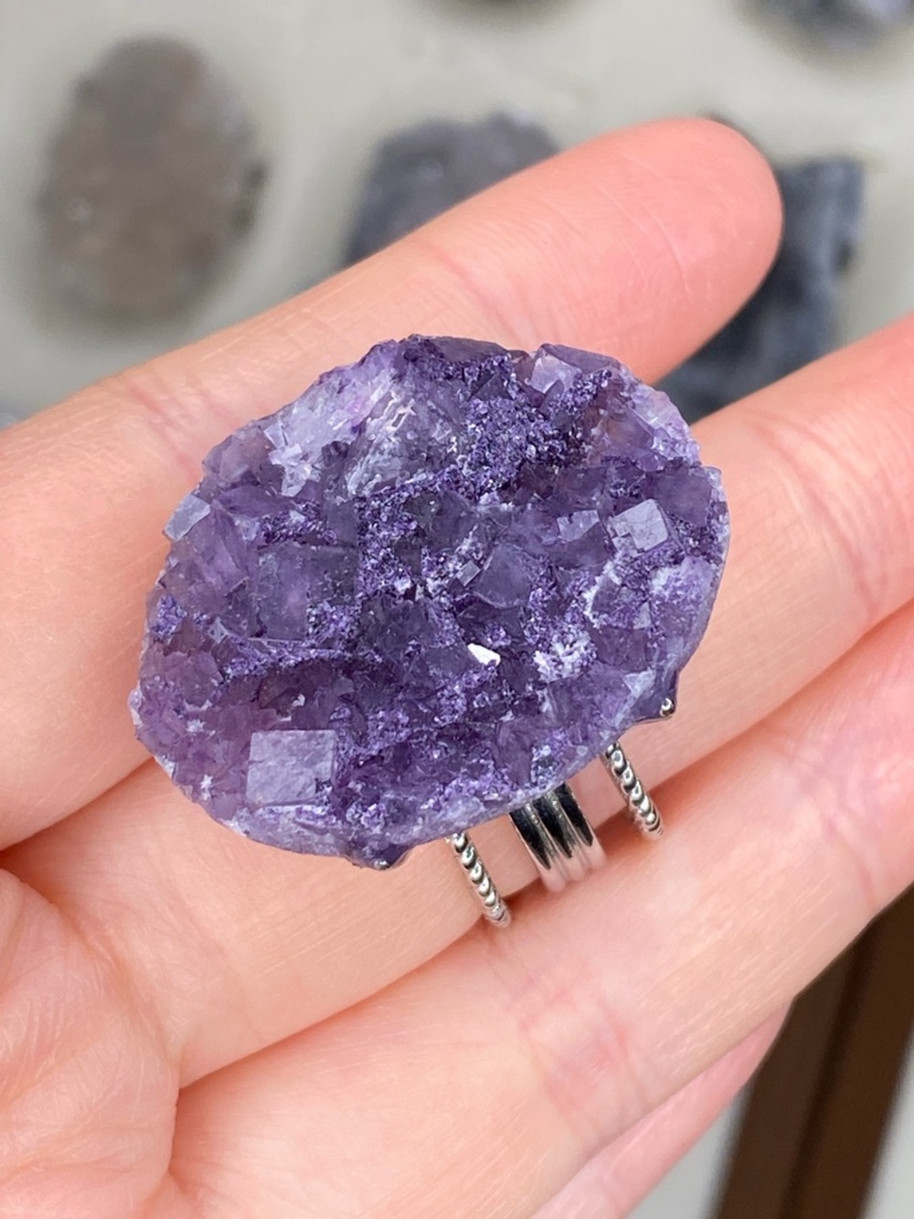 Purple Fluorite Crystal Cluster Ring • Deep Violet Stone • Geometric Statement - Picture 8 of 9